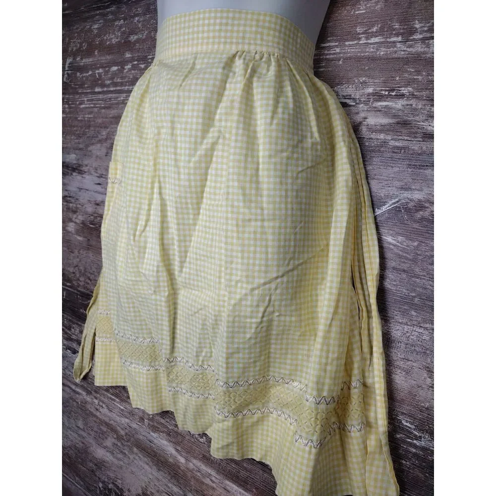 Vintage Half Apron Yellow White Gingham Rick Rack Trim 1950 Handmade Pocket MCM